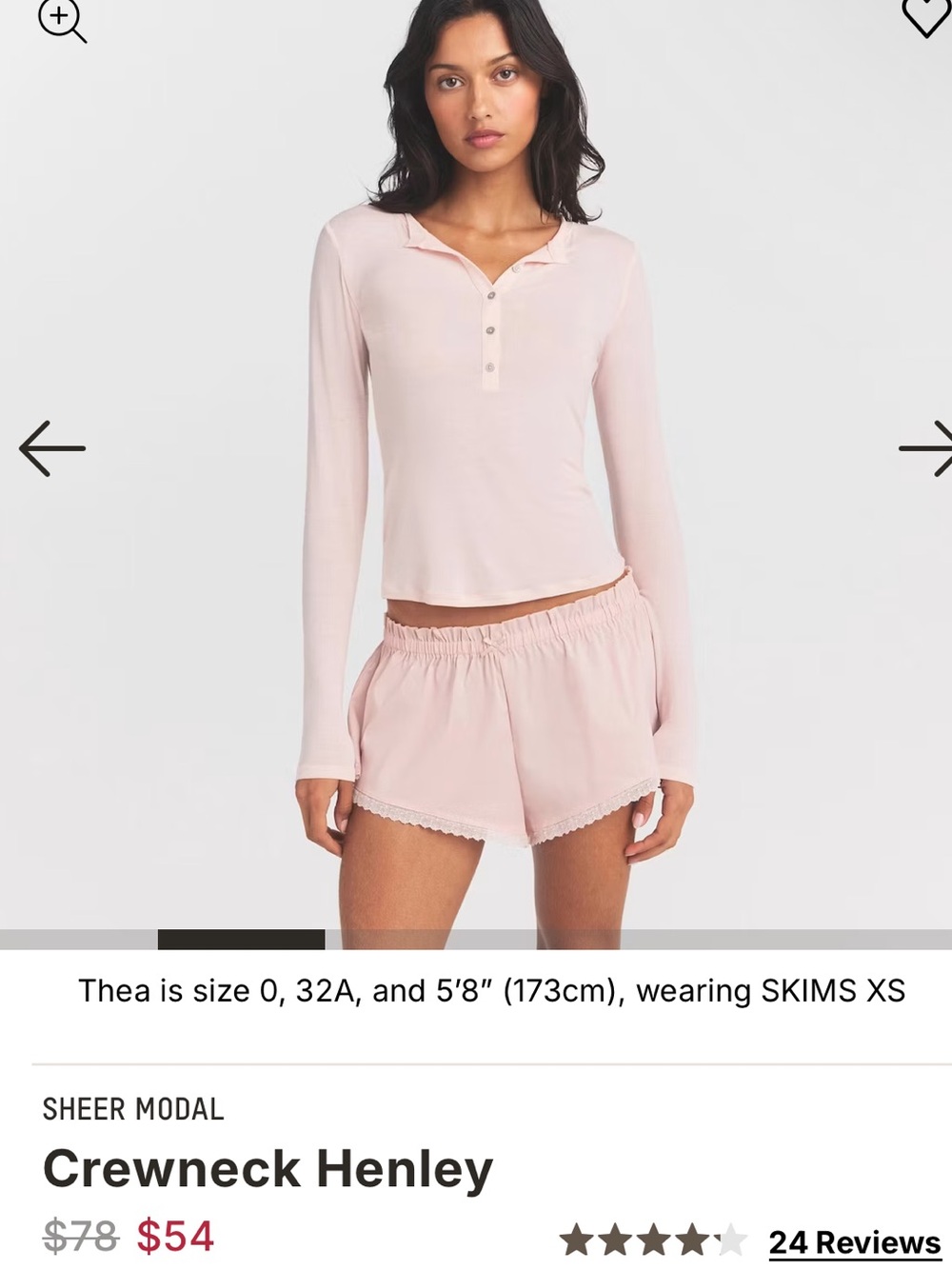 SKIMS Sheer Model/Cashmere Crewnwck Henley Long Sleeve Top Primrose Pink XS NWT!